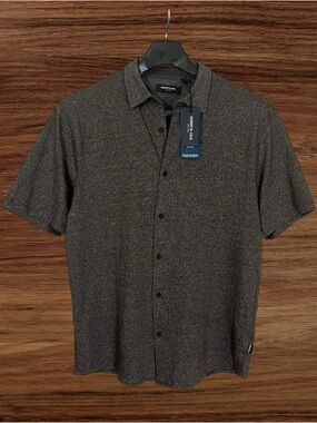 Kenneth Cole Mobility Knit Brown Short Sleeve Performance Shirt. XL - Slim Fit